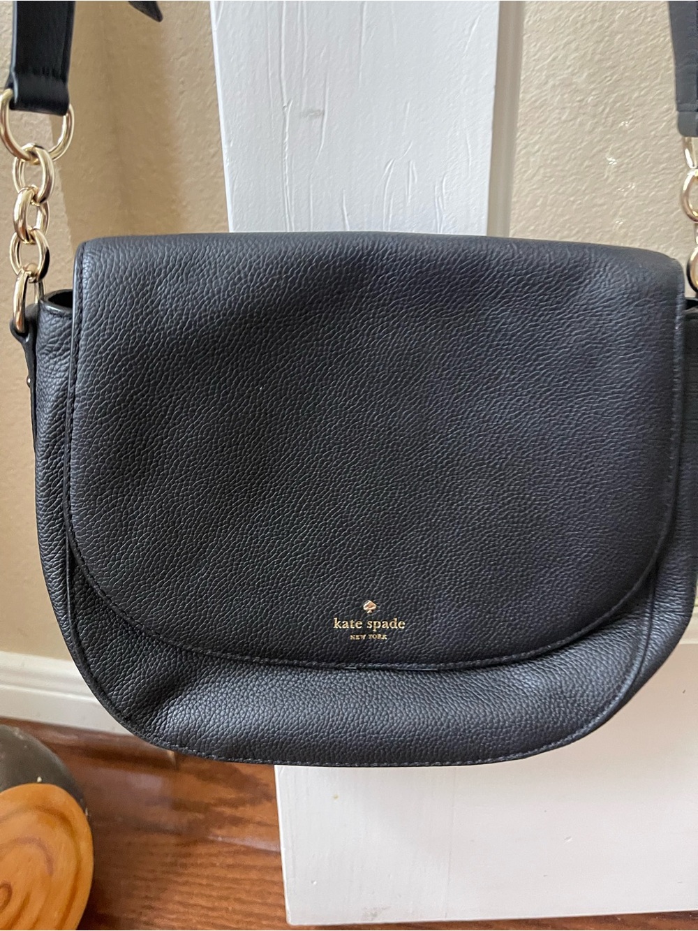 kate spade Black Pebbled Leather Saddle Crossbody with Gold Hardware